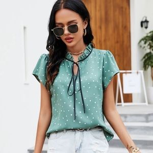 Green and white heart polka dot blouse